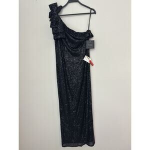 NWT Ieena For Mac Duggal Black Sequin Bow Detail One Shoulder Dress Size 12